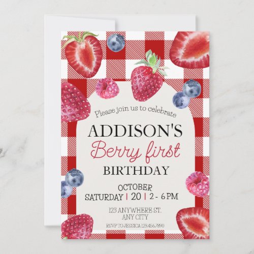 Cute Simple Red Blue Berry Sweet 1st Birthday Invitation