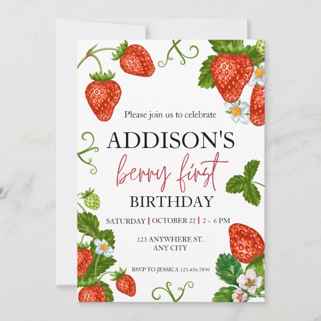 Cute Simple Red Blue Berry Sweet 1st Birthday Invitation (Front)