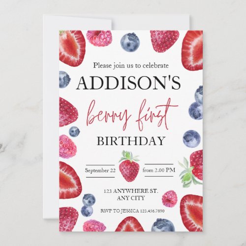 Cute Simple Red Blue Berry Sweet 1st Birthday Invitation