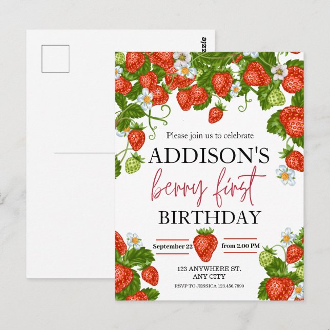 Cute Simple Red Blue Berry Sweet 1st Birthday Postcard (Front/Back)