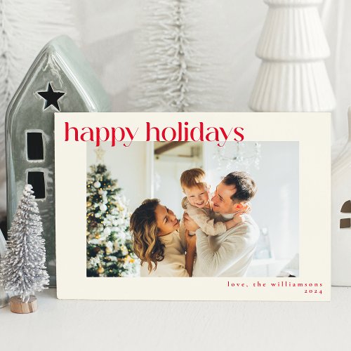 Cute Simple Red Happy Holidays Modern Custom Photo Holiday Card
