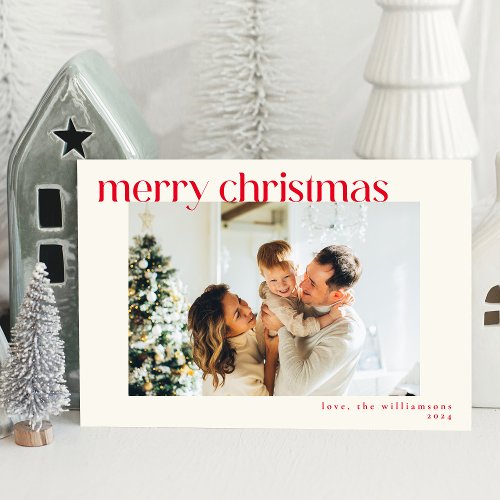 Cute Simple Red Modern Custom Photo Christmas Holiday Card