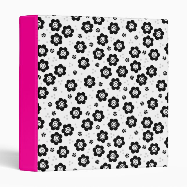 Cute Simple Retro Black White Daisy Swirl Pattern Binder (Front/Spine)