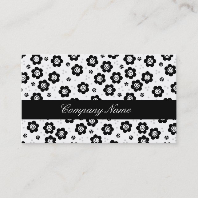 Cute Simple Retro Black White Daisy Swirl Pattern Business Card (Front)