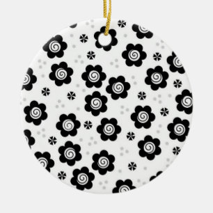 Cute Simple Retro Black White Daisy Swirl Pattern Ceramic Ornament