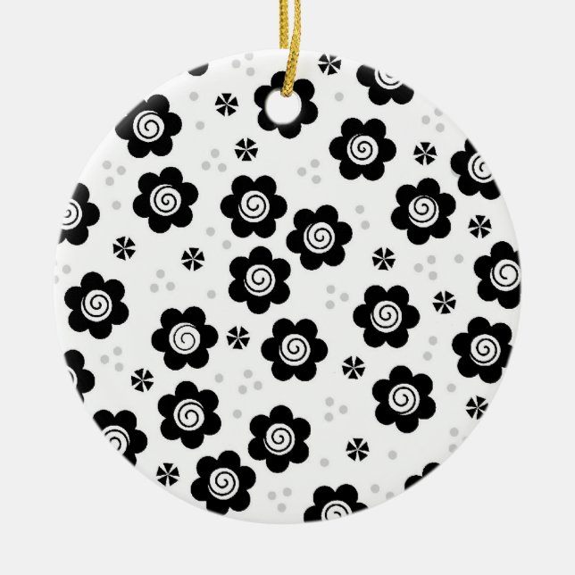 Cute Simple Retro Black White Daisy Swirl Pattern Ceramic Ornament (Front)