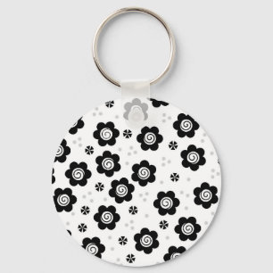 Cute Simple Retro Black White Daisy Swirl Pattern Keychain