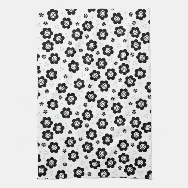 Cute Simple Retro Black White Daisy Swirl Pattern Kitchen Towel (Vertical)