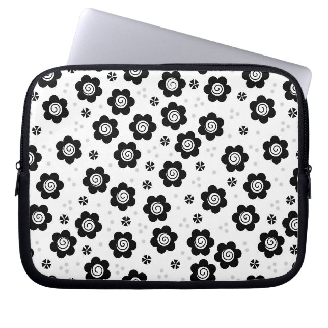 Cute Simple Retro Black White Daisy Swirl Pattern Laptop Sleeve (Front)