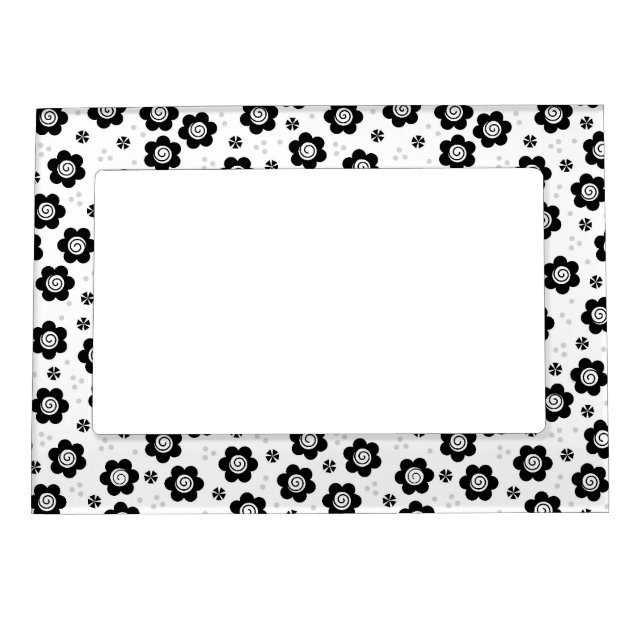 Cute Simple Retro Black White Daisy Swirl Pattern Magnetic Picture Frame (Front)