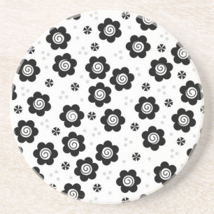 Cute Simple Retro Black White Daisy Swirl Pattern Sandstone Coaster