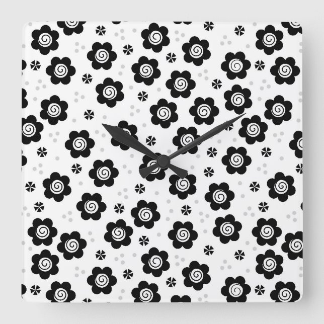 Cute Simple Retro Black White Daisy Swirl Pattern Square Wall Clock (Front)