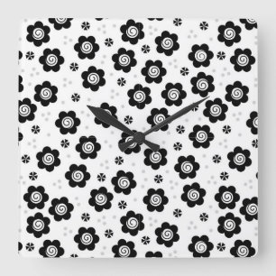 Cute Simple Retro Black White Daisy Swirl Pattern Square Wall Clock