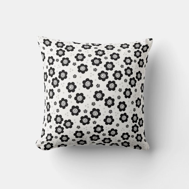 Cute Simple Retro Black White Daisy Swirl Pattern Throw Pillow (Front)