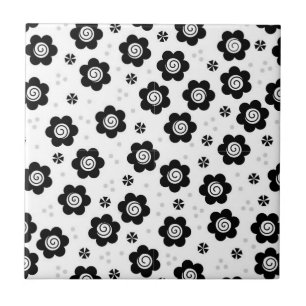 Cute Simple Retro Black White Daisy Swirl Pattern Tile
