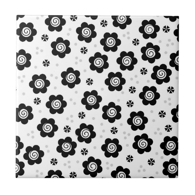 Cute Simple Retro Black White Daisy Swirl Pattern Tile (Front)