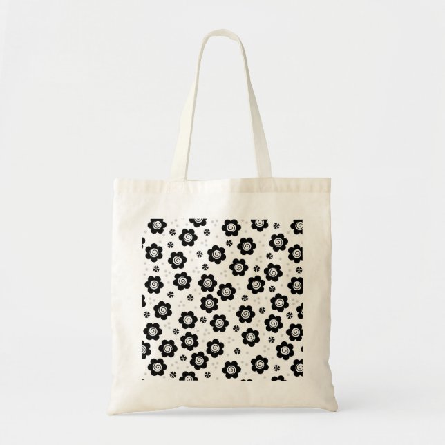 Cute Simple Retro Black White Daisy Swirl Pattern Tote Bag (Front)