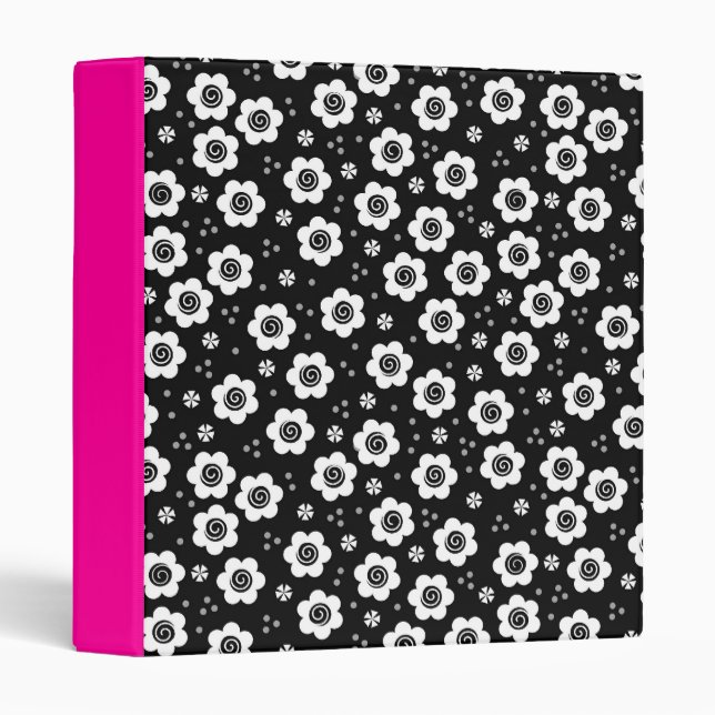 Cute Simple Retro Black White Daisy Swirls Pattern Binder (Front/Spine)
