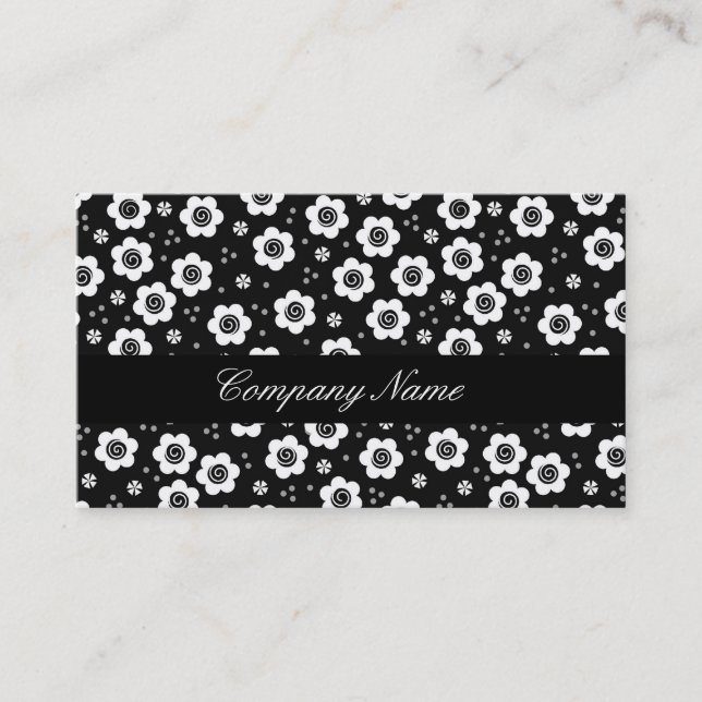 Cute Simple Retro Black White Daisy Swirls Pattern Business Card (Front)