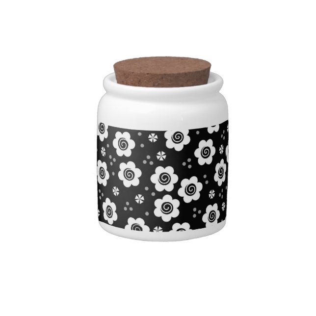Cute Simple Retro Black White Daisy Swirls Pattern Candy Jar (Right)