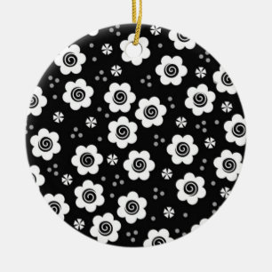 Cute Simple Retro Black White Daisy Swirls Pattern Ceramic Ornament