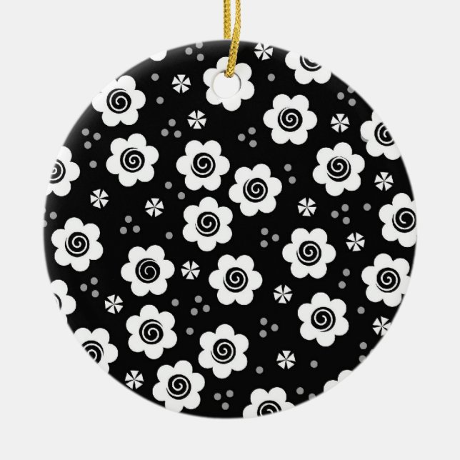 Cute Simple Retro Black White Daisy Swirls Pattern Ceramic Ornament (Front)