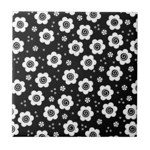 Cute Simple Retro Black White Daisy Swirls Pattern Ceramic Tile