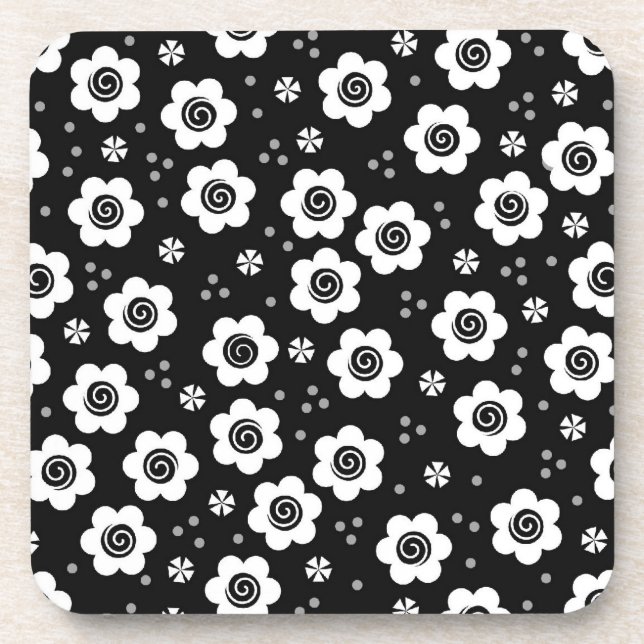 Cute Simple Retro Black White Daisy Swirls Pattern Coaster (Front)