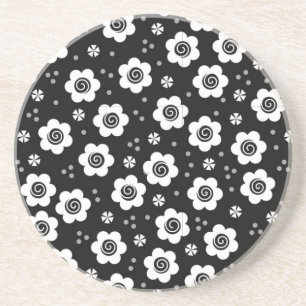 Cute Simple Retro Black White Daisy Swirls Pattern Drink Coaster