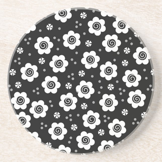 Cute Simple Retro Black White Daisy Swirls Pattern Drink Coaster (Front)