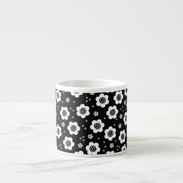 Cute Simple Retro Black White Daisy Swirls Pattern Espresso Cup (Front)