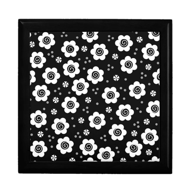 Cute Simple Retro Black White Daisy Swirls Pattern Jewelry Box (Front)