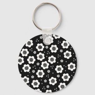 Cute Simple Retro Black White Daisy Swirls Pattern Keychain