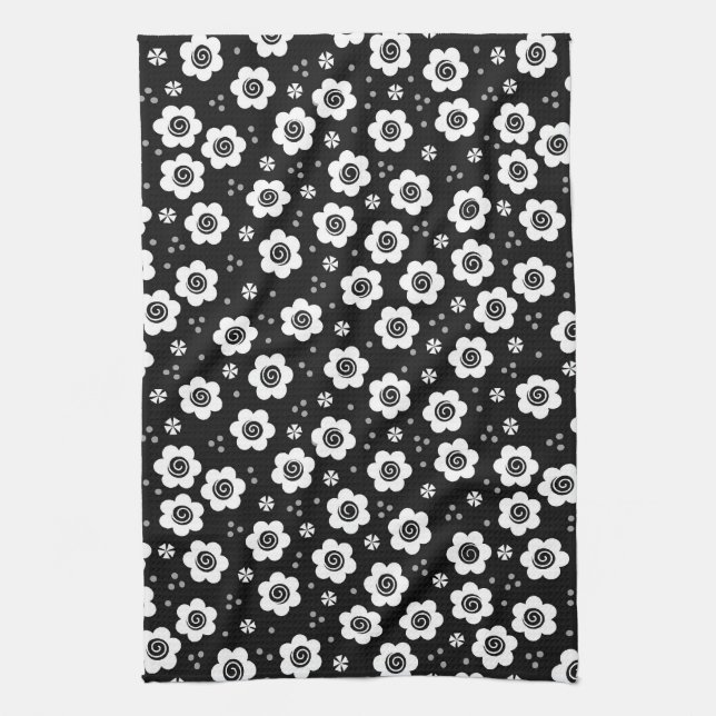 Cute Simple Retro Black White Daisy Swirls Pattern Kitchen Towel (Vertical)