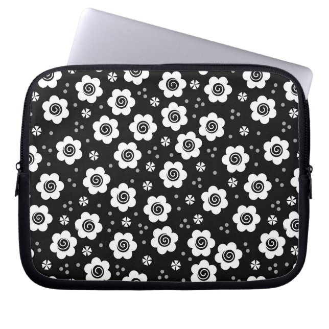 Cute Simple Retro Black White Daisy Swirls Pattern Laptop Sleeve (Front)