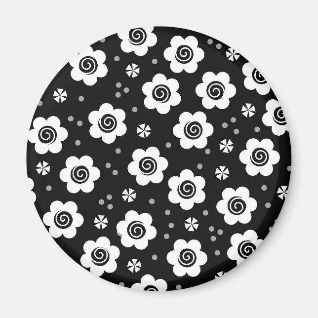 Cute Simple Retro Black White Daisy Swirls Pattern Magnet (Front)