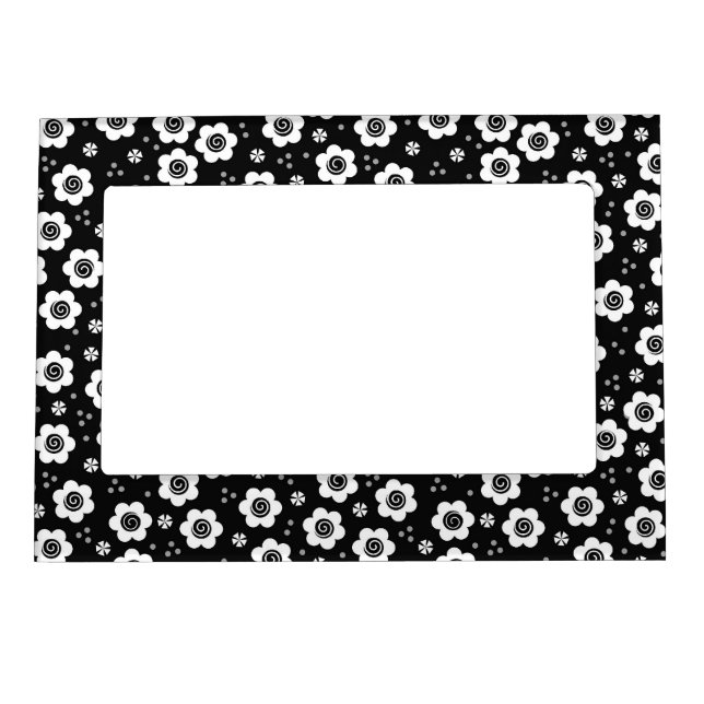 Cute Simple Retro Black White Daisy Swirls Pattern Magnetic Frame (Front)