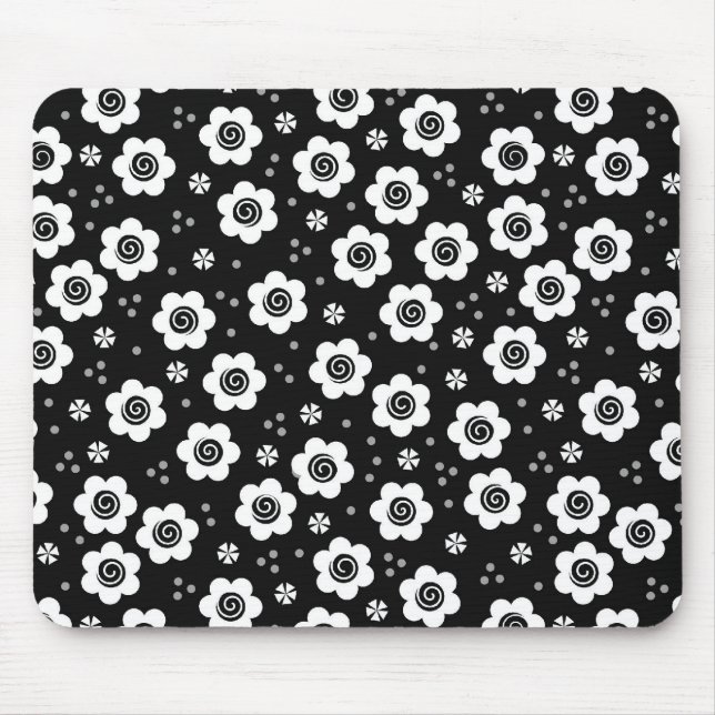 Cute Simple Retro Black White Daisy Swirls Pattern Mouse Pad (Front)