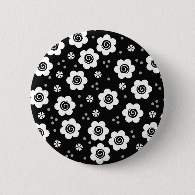 Cute Simple Retro Black White Daisy Swirls Pattern Pinback Button (Front)
