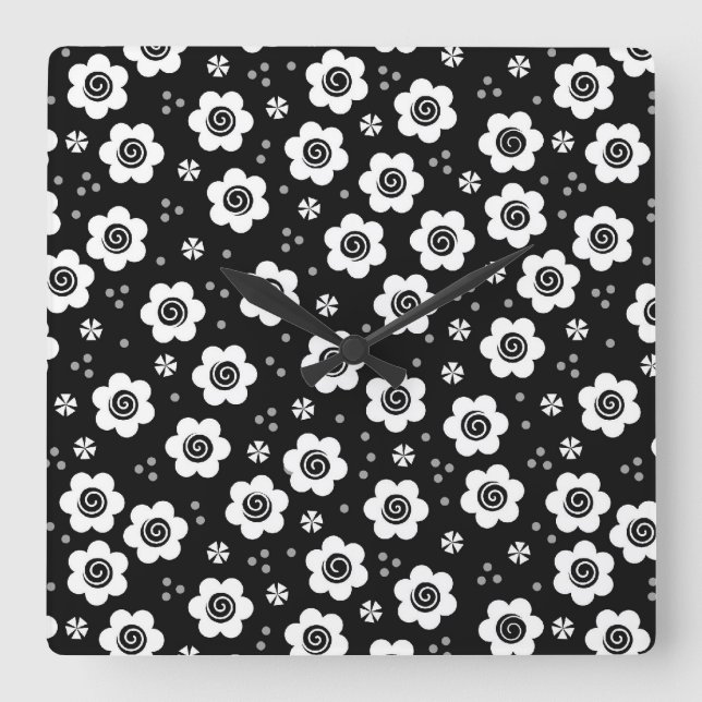 Cute Simple Retro Black White Daisy Swirls Pattern Square Wall Clock (Front)