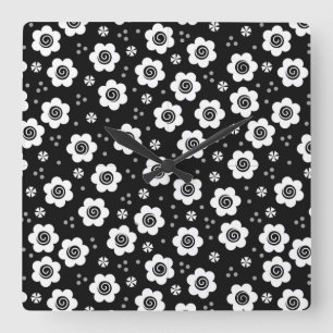 Cute Simple Retro Black White Daisy Swirls Pattern Square Wall Clock