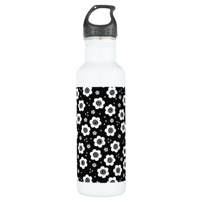 Cute Simple Retro Black White Daisy Swirls Pattern Stainless Steel Water Bottle (Front)