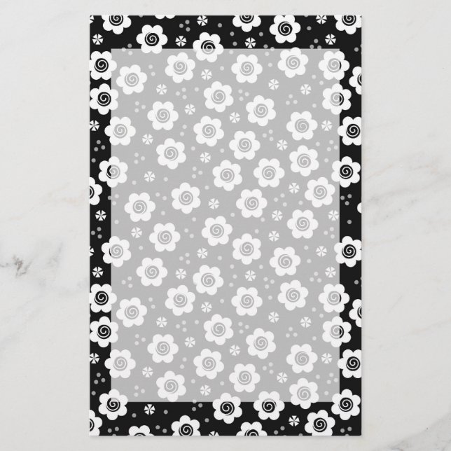 Cute Simple Retro Black White Daisy Swirls Pattern Stationery (Front)