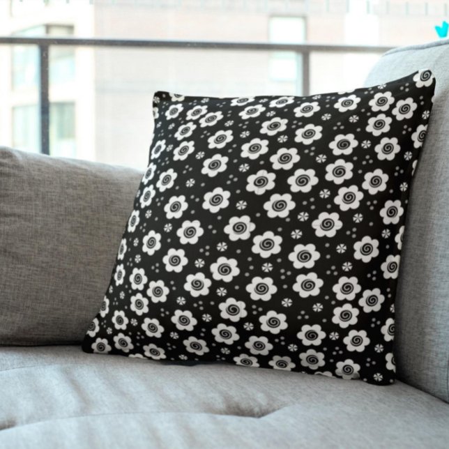 Cute Simple Retro Black White Daisy Swirls Pattern Throw Pillow (Creator Uploaded)