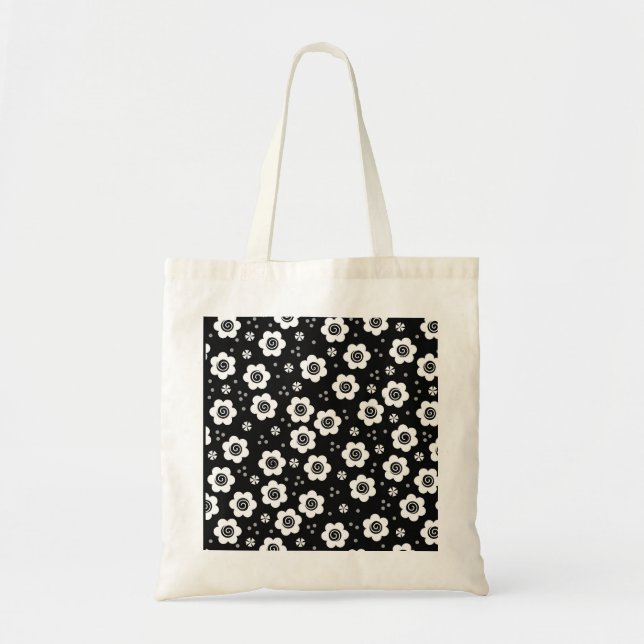 Cute Simple Retro Black White Daisy Swirls Pattern Tote Bag (Front)
