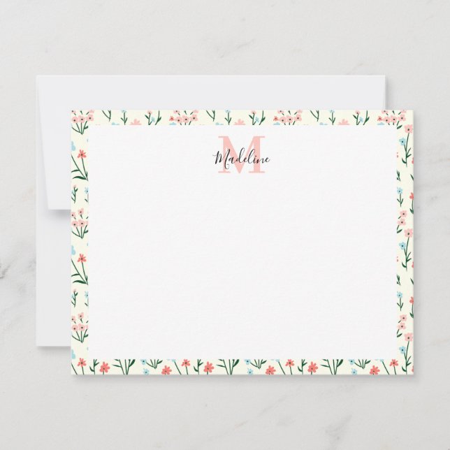 Cute Simple Rose Flower Pink Monogram Name Note Card (Front)