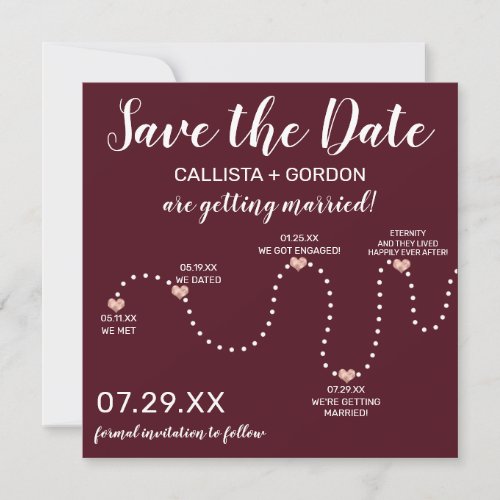 Cute Simple Rose Gold Burgundy Timeline Wedding Save The Date