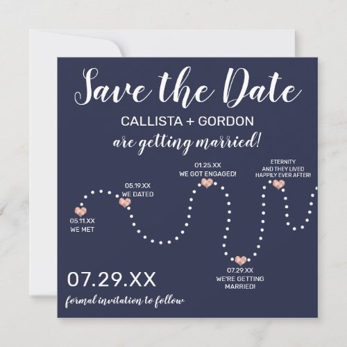 Cute Simple Rose Gold Navy Blue Timeline Wedding Save The Date