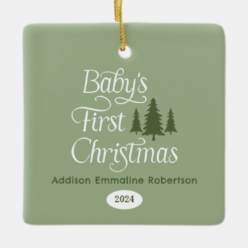 Cute Simple Sage White Babys 1st Christmas Ceramic Ornament