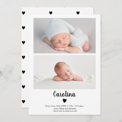 Cute simple script heart 2 photos girl baby birth announcement